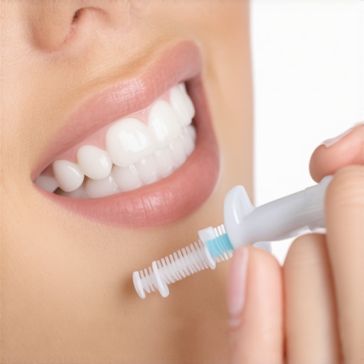 A person using interdental brushes and a water flosser to clean dental crowns and implants.