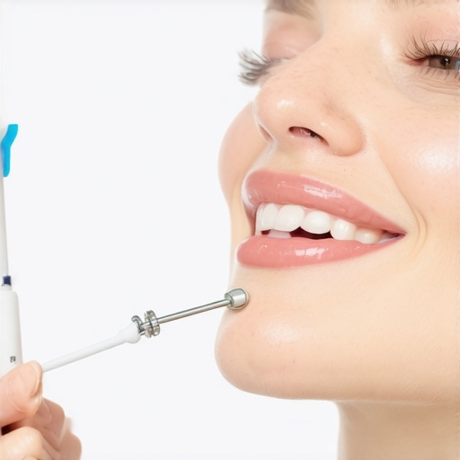 Effective Flossing for Implants Person using water flosser to clean around a dental implant in a bright bathroom setting