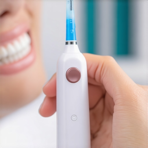 Person using a water flosser near dental crowns to demonstrate maintenance techniques.