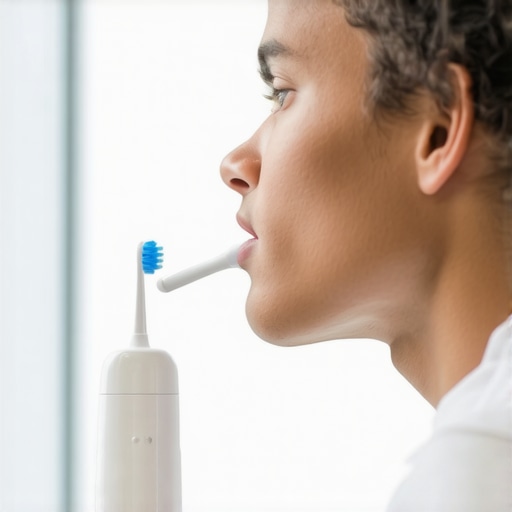 Effective Oral Hygiene Tools in Action Person demonstrating the use of electric toothbrush and water flosser for dental maintenance