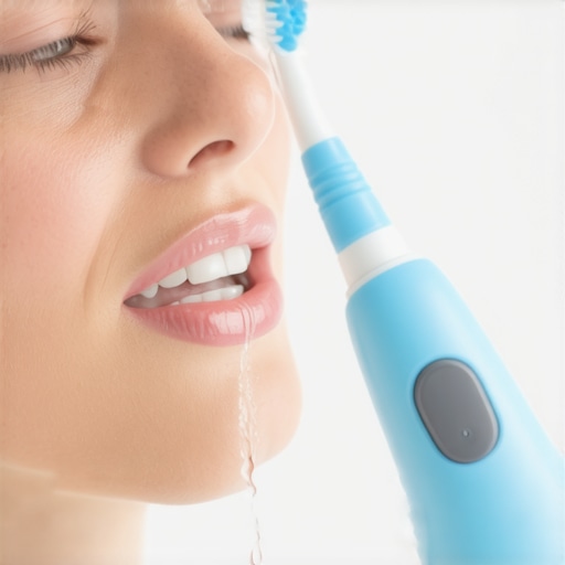 Effective Oral Hygiene Tools in Action Person brushing teeth with electric toothbrush and using water flosser