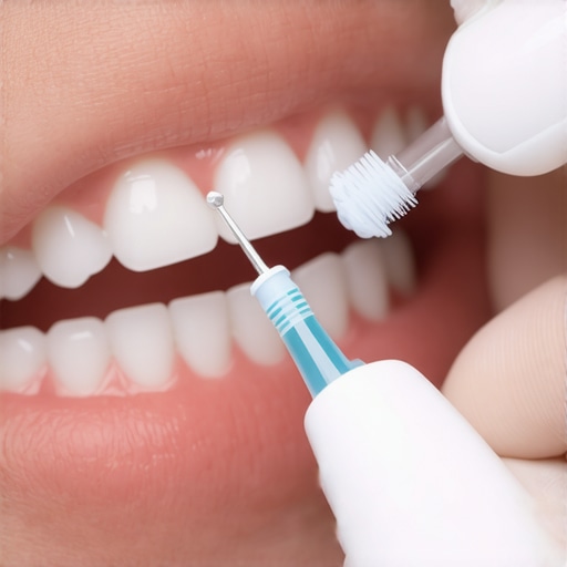 Person using interdental brushes and water flosser around dental crowns for oral health