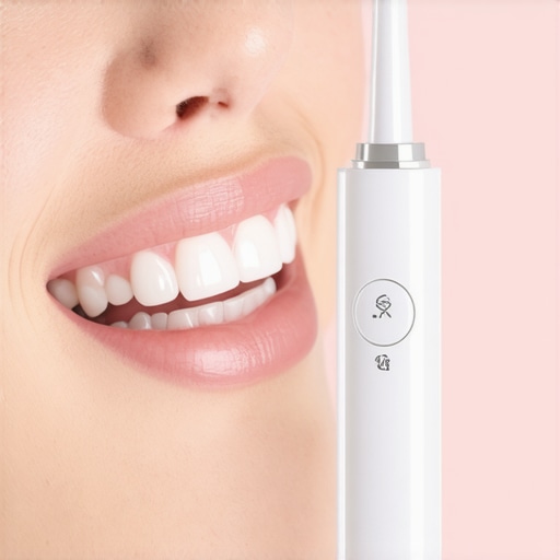 A close-up of a high-tech electric toothbrush cleaning teeth in a modern bathroom.