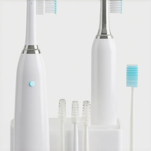 Dental tools including ultrasonic toothbrush and water flosser displayed on a dental tray in a clinic.
