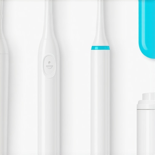 An arrangement of dental hygiene tools including electric toothbrush, water flosser, pressure test kit, and mouthwash.
