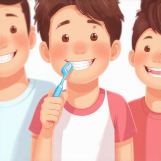A family practicing proper, gentle brushing techniques together in the bathroom.