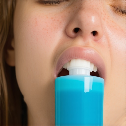 Person rinsing mouth softly with diluted mouthwash
