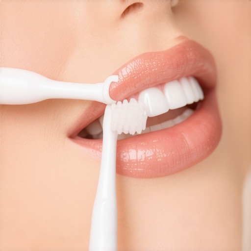 Person brushing gums gently with an electric toothbrush to prevent bleeding