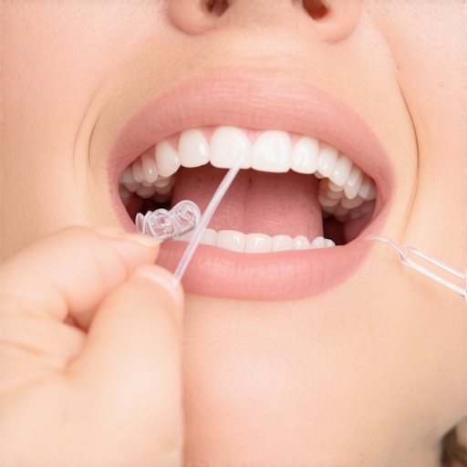 Person carefully flossing around aligner attachments to prevent loosening
