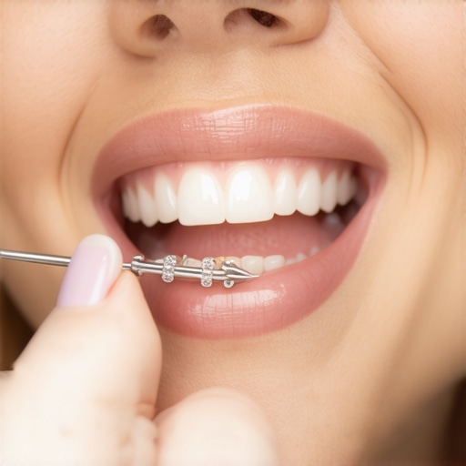 Person flossing carefully around a dental crown using soft toothbrush and floss
