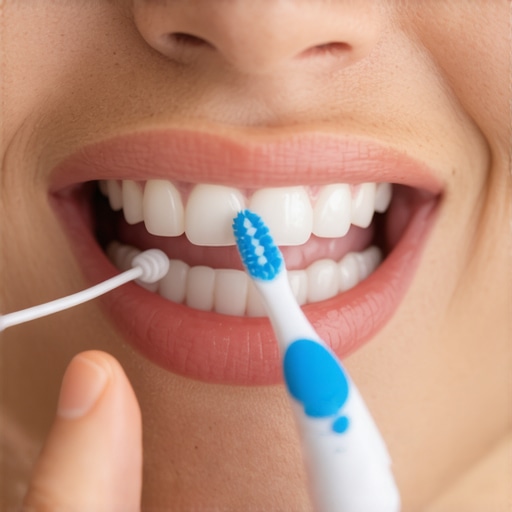 Person carefully flossing and brushing near gums to dislodge popcorn kernel
