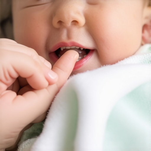 Parent massaging baby's inflamed gums during teething