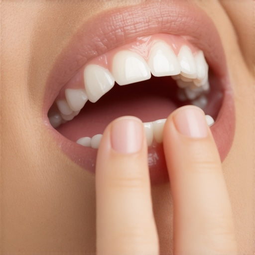 Person inspecting their Invisalign tray fit with finger in mouth, close-up view