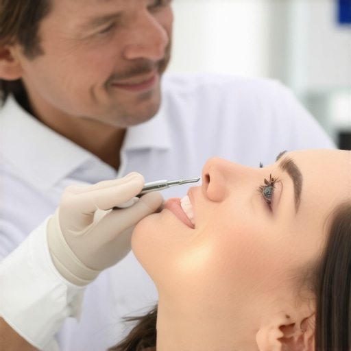 Dentist showing a patient how to perform jaw stretching exercises
