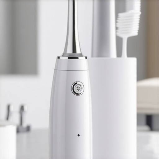 A water flosser and electric toothbrush on a clean bathroom counter, representing advanced oral hygiene tools.