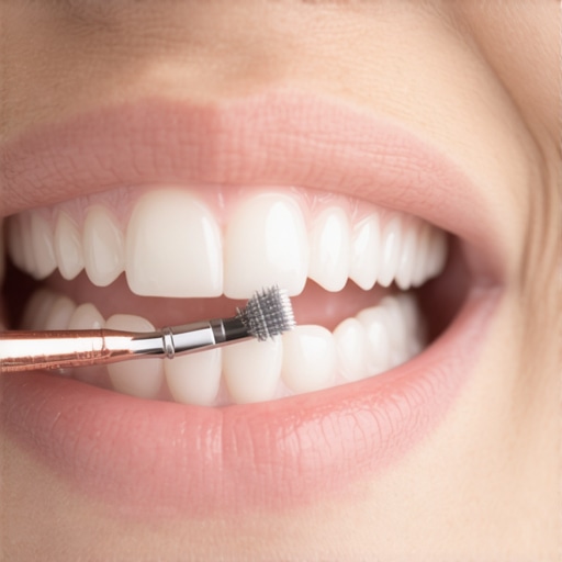 Person carefully flossing around dental implant with interdental brush