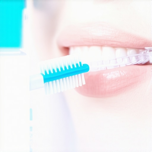 Person cleaning Invisalign trays with toothbrush and cleaning solution.