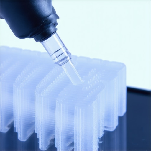 A person using an ultrasonic dental cleaner to sanitize Invisalign trays in a professional clinic setting