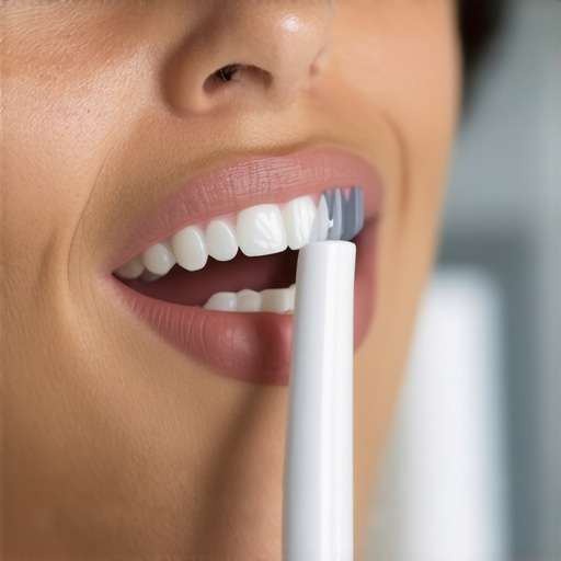 Person brushing teeth with an electric toothbrush, highlighting modern dental care tools.
