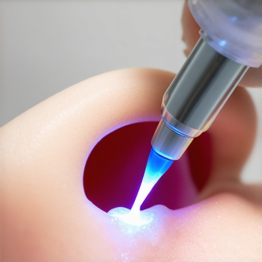 Dentist uses blue LED curing light to harden dental resin on a crown.
