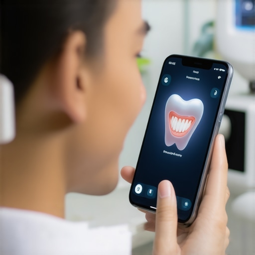 Advanced Dental Monitoring Tools Person using a smartphone with dental monitoring app for oral health