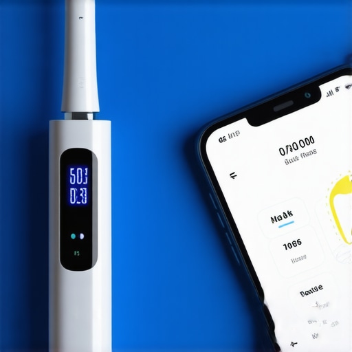 Electric toothbrush with digital display and smartphone showing dental routine app