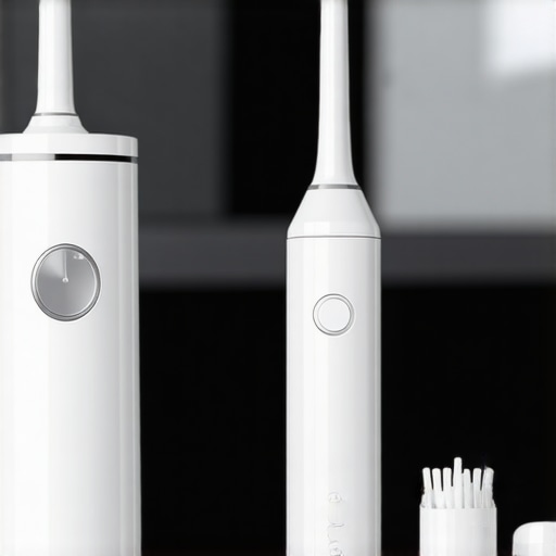 Advanced Family Dental Tools Setup Water flosser and electric toothbrush on bathroom counter showcasing modern dental equipment.