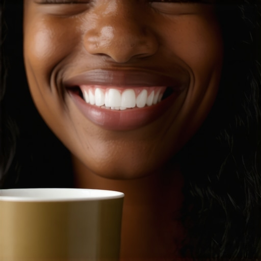 Person smiling with white teeth holding a coffee cup