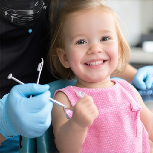 Toddler happily sitting in a dental chair during a checkup.