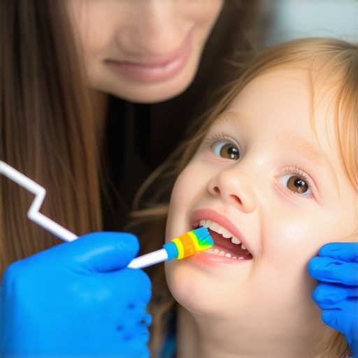 Dentist demonstrating tooth brushing to a young child with educational posters in background.