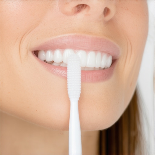 Person brushing Invisalign trays with a soft toothbrush and cleaning solution