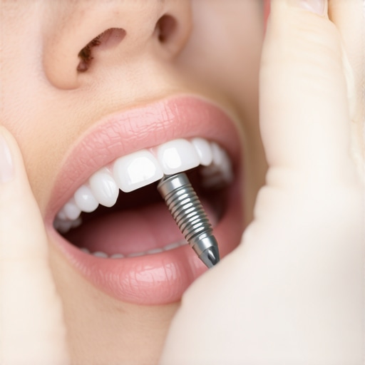 Dentist inspecting dental implant during a routine examination