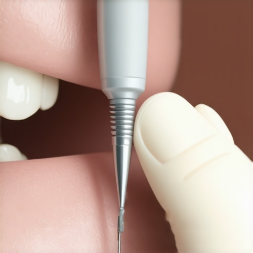 Close-up image of a dentist inspecting a patient's healing dental implant.