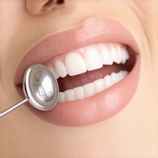 Close-up of a dentist inspecting a patient's teeth with a dental mirror.