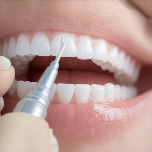 Hands using water flosser and floss threader to clean a dental bridge.