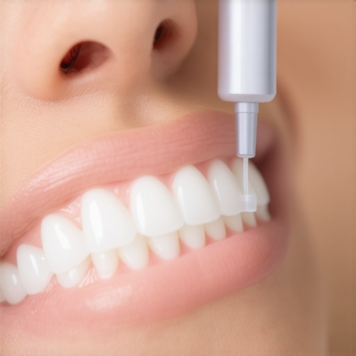 Person using water flosser to clean around dental crowns