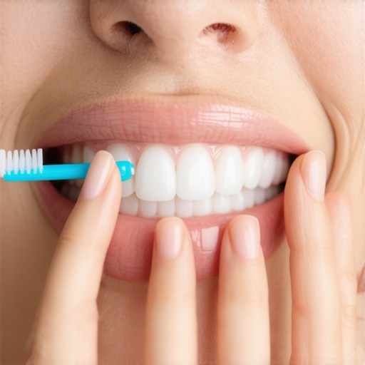 Illustration of hands using floss and interdental brushes to clean hard-to-reach spots in the mouth.