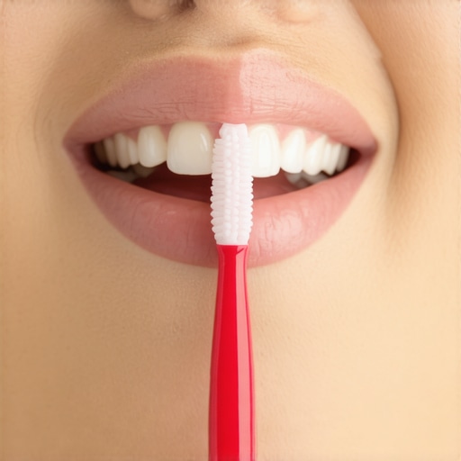 Person demonstrating correct brushing method with a toothbrush.