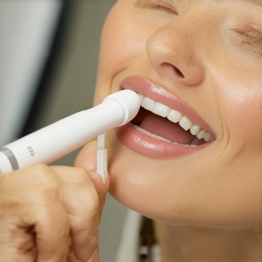 Person using sonic toothbrush and water flosser to clean around crowns and Invisalign aligners.