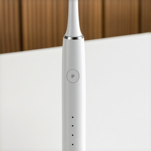 A high-tech electric toothbrush with pressure sensitivity displayed on the handle, ready for use.