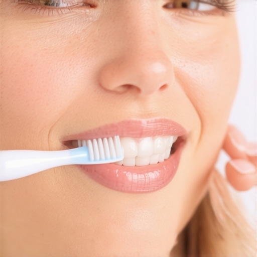 A woman using a soft toothbrush to care for her gums carefully during pregnancy.