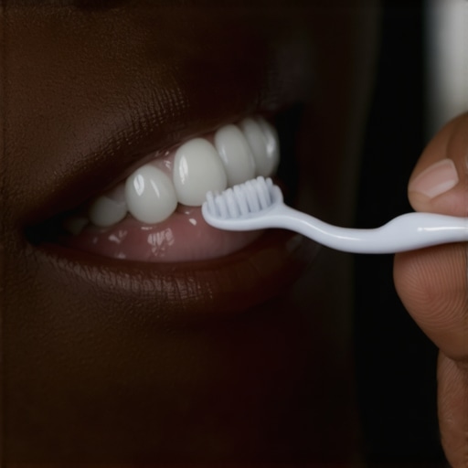 Person using soft toothbrush on delicate gums to promote healing.