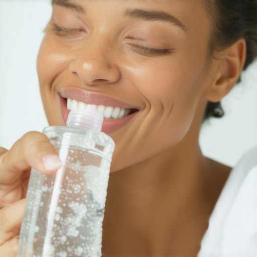 Person demonstrating alcohol-free mouthwash use for gum health