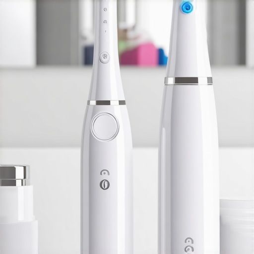Electric toothbrush and water flosser in a modern bathroom setting.