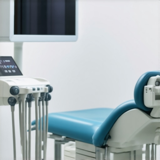 A digital dental scanner and ultrasonic scaler on a tray in a well-equipped dental office