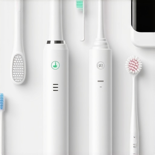 Electric toothbrush, water flosser, and intraoral scanner arranged on a dental workspace.