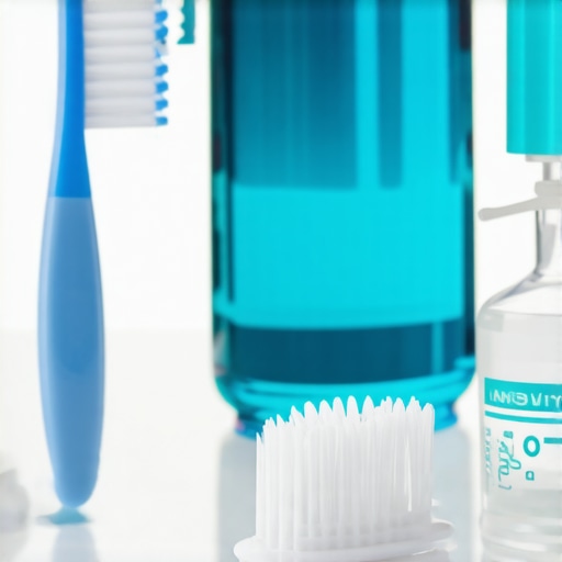 Oral Hygiene Essentials Toothbrush, floss, and mouthwash arranged for dental care
