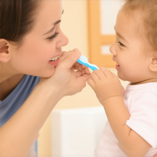 Parent and toddler practicing spitting into the sink with smiles and playful gestures.