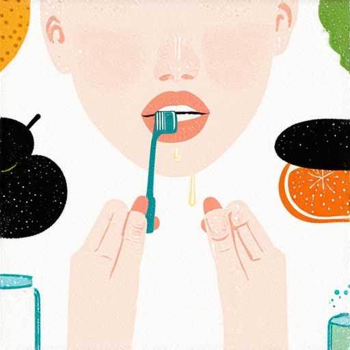 Person practicing gentle oral hygiene with toothbrush, saltwater rinse, and soft foods