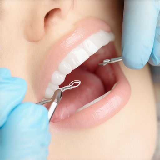 Dentist performing a detailed cleaning of dental crowns and braces using specialized tools.